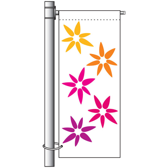 Illustration of the Single Arm Banner Mounting Set with top crossbar and bottom strap, holding a vertical banner on a pole.