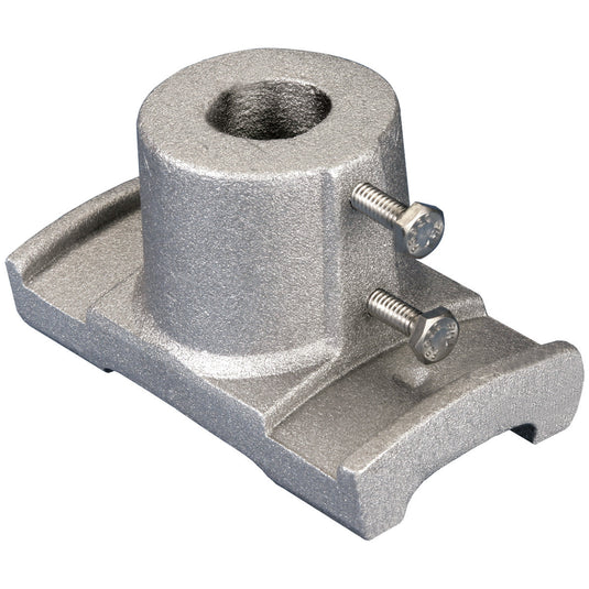 Silver cast aluminum Single Deluxe Banner Bracket featuring two mounting screws for banner pole attachment.