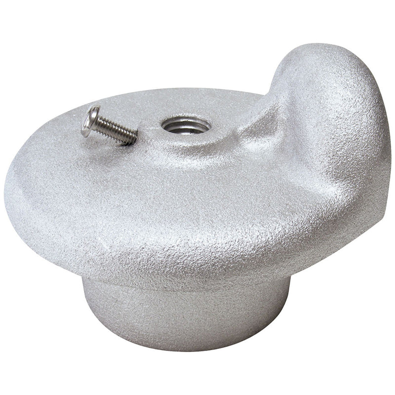 Load image into Gallery viewer, Silver cast aluminum Single Pulley Stationary Flagpole Truck (ST-1) with threaded finial hole and set screw for external halyard use.
