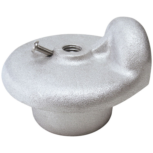 Silver cast aluminum Single Pulley Stationary Flagpole Truck (ST-1) with threaded finial hole and set screw for external halyard use.