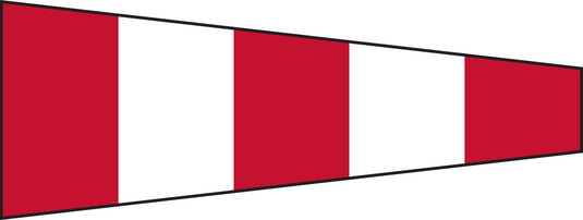 A nylon international code of signals flag with double-stitched seams and brass grommets, featuring red and white horizontal stripes.