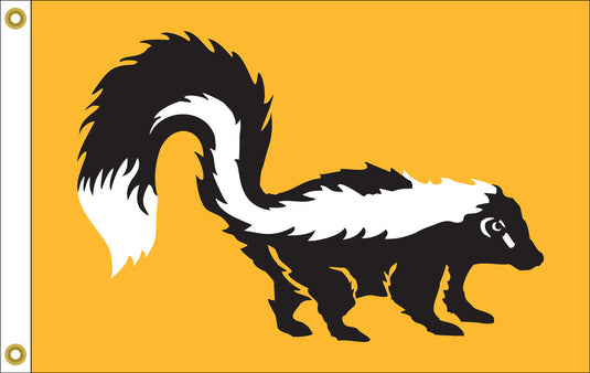 Boat flag featuring a stylized black and white skunk silhouette on an orange background. The skunk's tail is raised, and the image conveys a bold and striking tone.