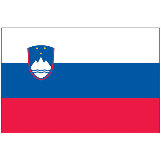 The flag of Slovenia, featuring horizontal stripes of white, blue, and red with a national coat of arms at the hoist.