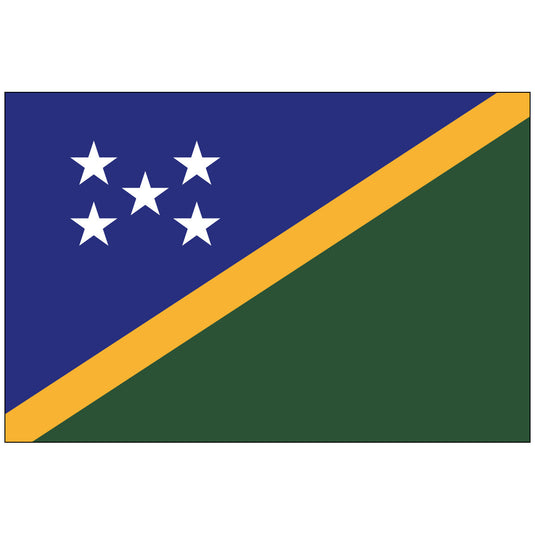The flag of Solomon Islands, featuring a blue field with a yellow diagonal stripe and five white stars in the top right corner, with a green border.