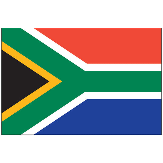 The image shows the South African flag, featuring horizontal bands of red, blue, and green, with a black triangle and yellow, green, and white Y-shaped pattern.
