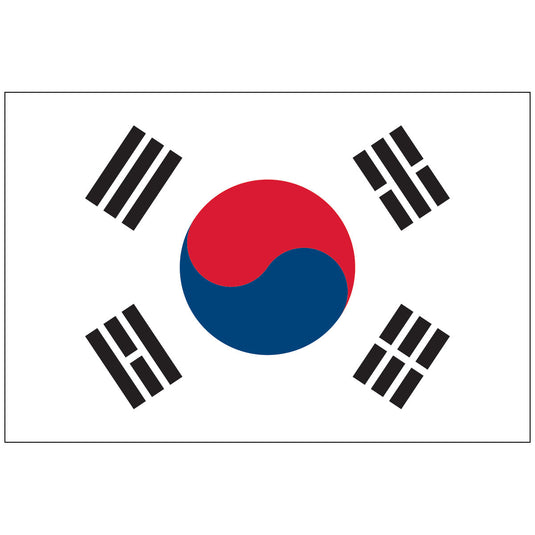 Flag of South Korea featuring a red and blue Yin-Yang symbol at the center, surrounded by four black trigrams on a white background.
