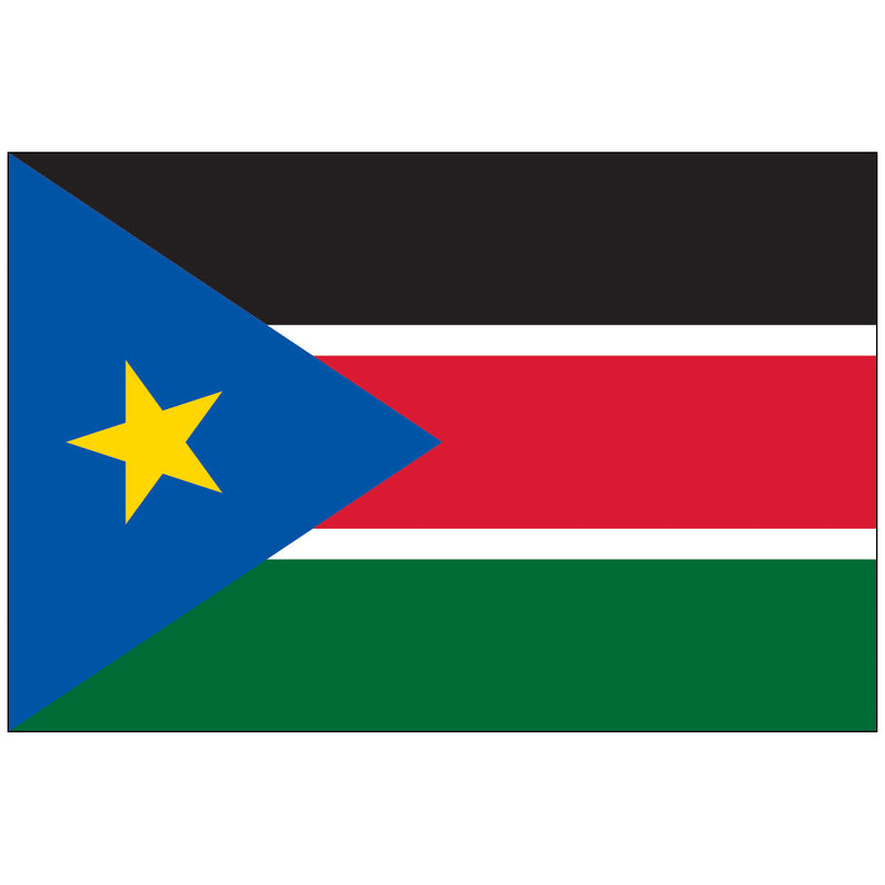 Load image into Gallery viewer, The flag of South Sudan features horizontal black, white, red, white, and green stripes. A blue triangle with a yellow star on the left symbolizes unity and hope.
