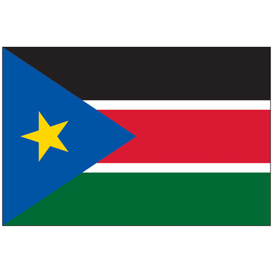 The flag of South Sudan features horizontal black, white, red, white, and green stripes. A blue triangle with a yellow star on the left symbolizes unity and hope.