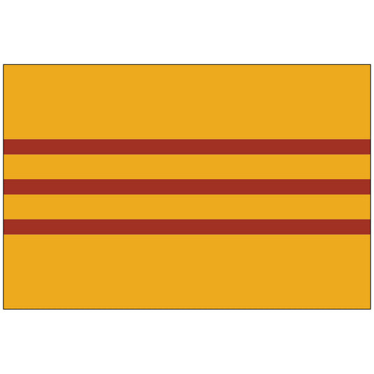 A yellow flag of South Vietnam featuring three horizontal red stripes of equal width stacked centrally. The design is simple, evoking a sense of boldness and clarity.