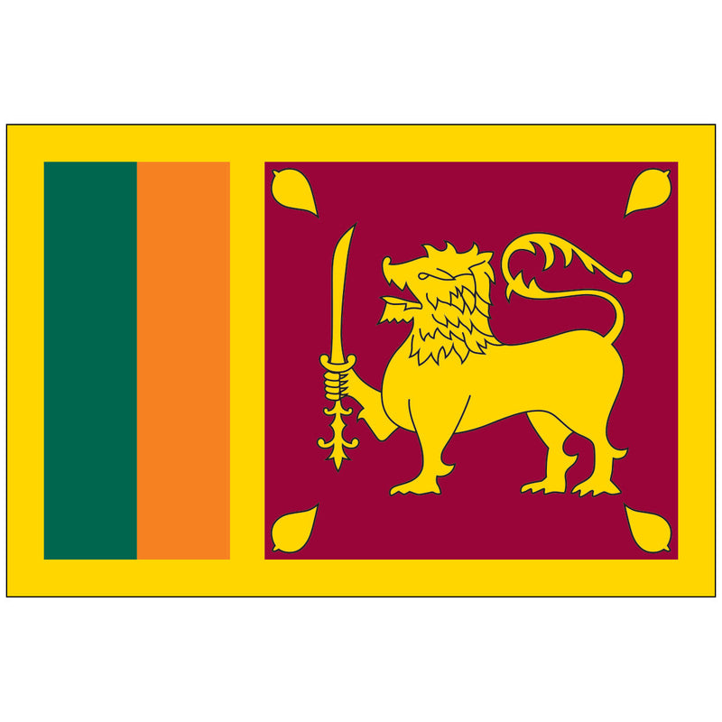 Load image into Gallery viewer, The flag of Sri Lanka, featuring a golden lion holding a kastane sword in its right paw, against a maroon background with four golden Bo leaves in each corner, and a green and saffron stripe border.

