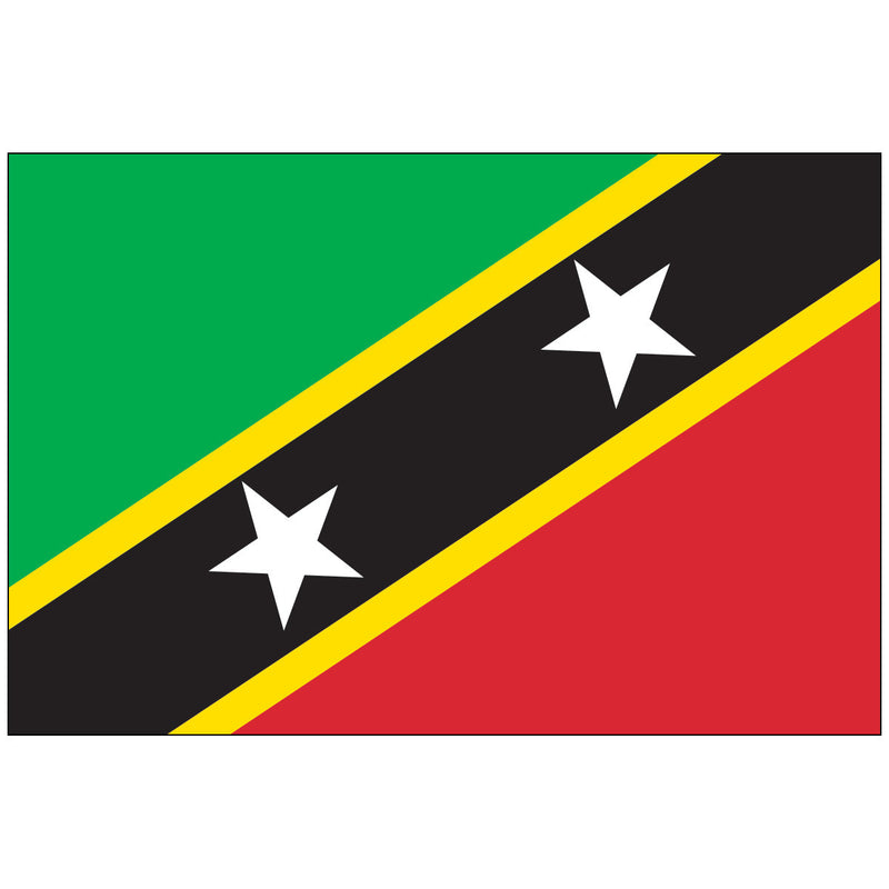 Load image into Gallery viewer, The flag of St. Kitts and Nevis, featuring a green triangle with a black diagonal band and two white stars on the red side.
