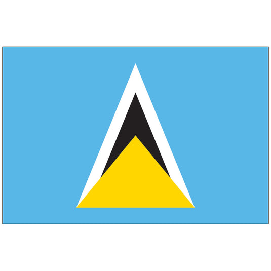 The flag of St. Lucia, featuring a cerulean blue field with a gold isosceles triangle below a black arrowhead with white edges.