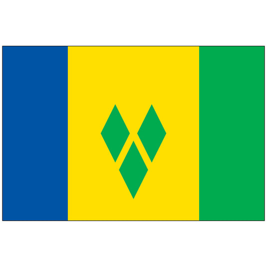 The flag of St. Vincent and The Grenadines, featuring horizontal stripes of blue, yellow, and green with a green diamond pattern in the center.