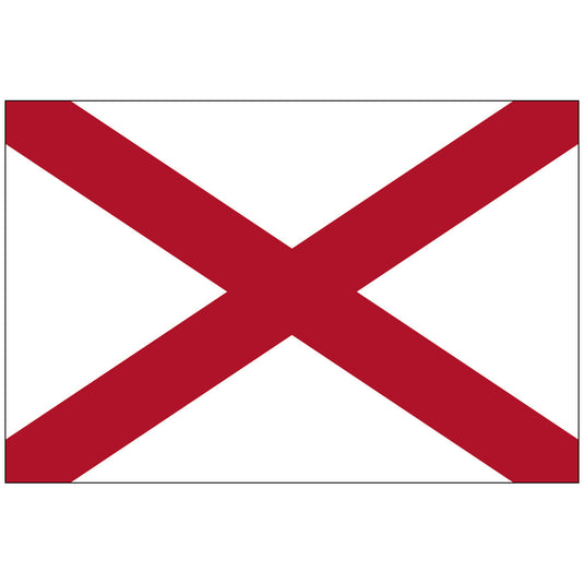 Official State Flag of Alabama, featuring a crimson red diagonal cross (Saltire or St. Andrew's Cross) that extends from corner to corner over a pure white rectangular field, representing valor and peace.