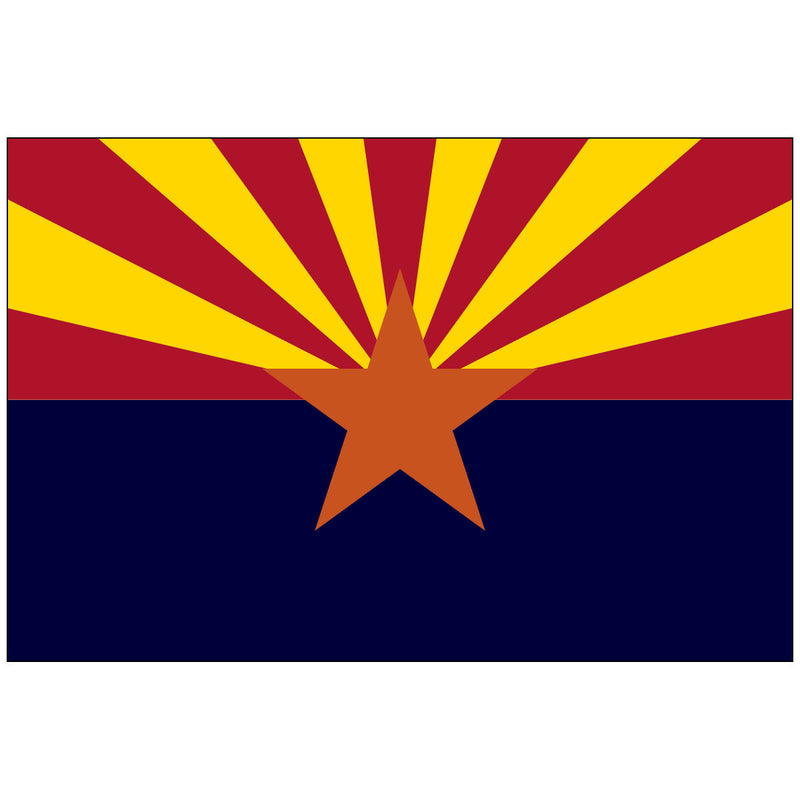 Load image into Gallery viewer, The official State Flag of Arizona, split horizontally with a navy blue lower field and a striking upper field of thirteen alternating red and gold rays representing the sun setting over the desert. A large five-pointed copper star, symbolizing the state's copper industry, is centered on the field.
