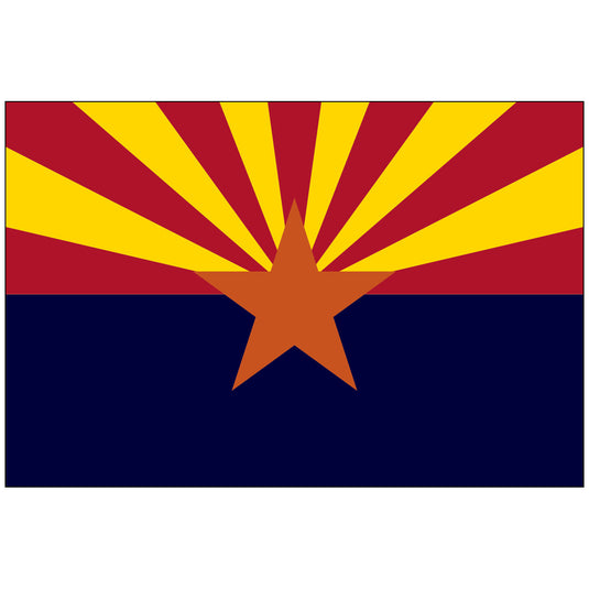 The official State Flag of Arizona, split horizontally with a navy blue lower field and a striking upper field of thirteen alternating red and gold rays representing the sun setting over the desert. A large five-pointed copper star, symbolizing the state's copper industry, is centered on the field.