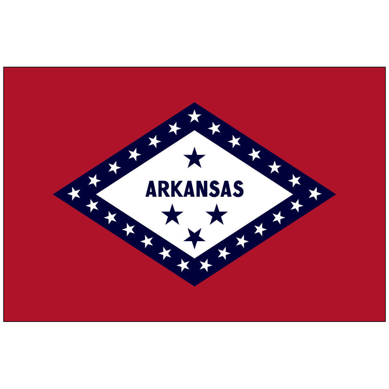 Load image into Gallery viewer, The official State Flag of Arkansas with a red field (courage) bordered by a blue diamond (Union). The white diamond center displays the name "ARKANSAS" and a large central star (representing the Confederacy), surrounded by four smaller stars. The outer blue border holds 25 white stars, signifying Arkansas as the 25th state.
