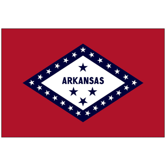 The official State Flag of Arkansas with a red field (courage) bordered by a blue diamond (Union). The white diamond center displays the name 
