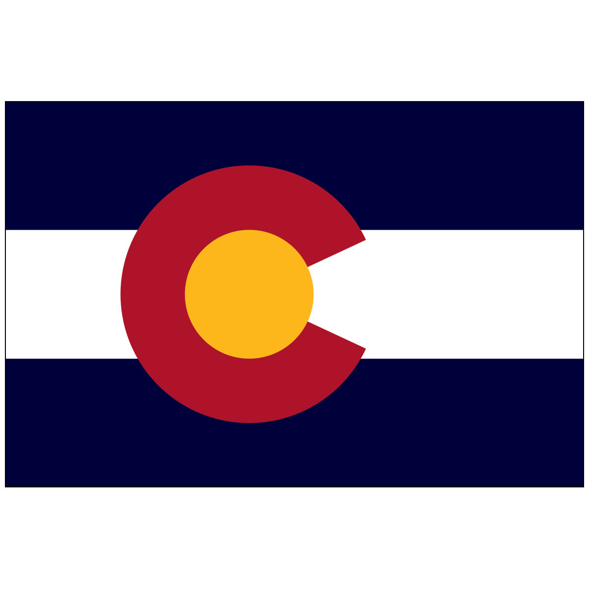 The official State Flag of Colorado, featuring three horizontal bands: navy blue (top and bottom) and a white stripe (center). The design is dominated by a large, central, letter 