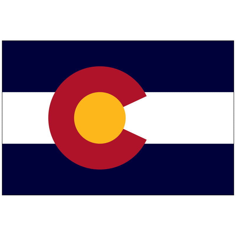 Load image into Gallery viewer, The official State Flag of Colorado, featuring three horizontal bands: navy blue (top and bottom) and a white stripe (center). The design is dominated by a large, central, letter "C" in crimson red, encompassing a golden yellow circle (representing the sun). The crimson C symbolizes the colored earth/soil of the state.

