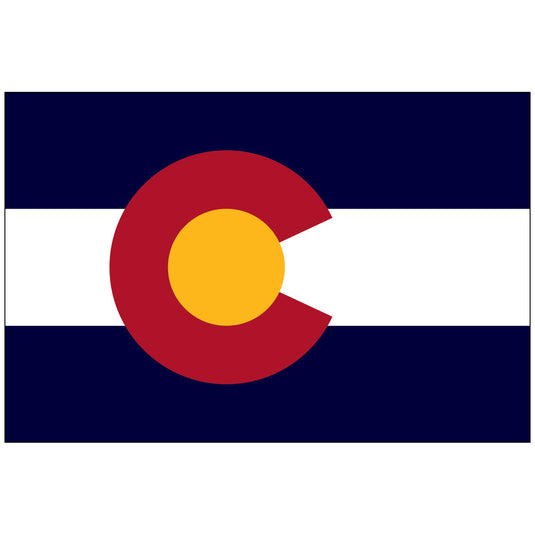 The official State Flag of Colorado, featuring three horizontal bands: navy blue (top and bottom) and a white stripe (center). The design is dominated by a large, central, letter "C" in crimson red, encompassing a golden yellow circle (representing the sun). The crimson C symbolizes the colored earth/soil of the state.