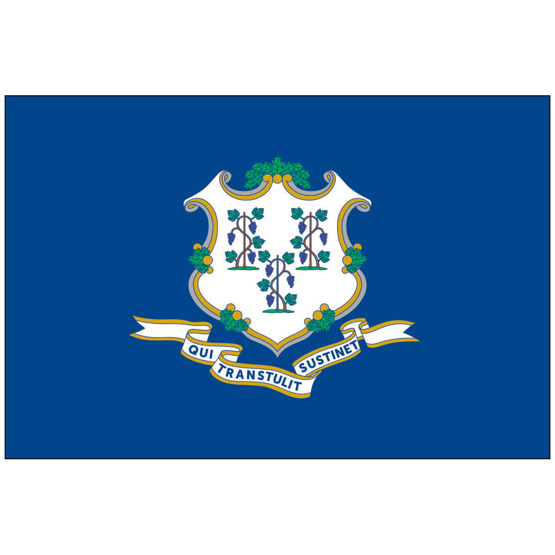 Load image into Gallery viewer, The official State Flag of Connecticut, featuring a baroque white shield centered on a deep blue field. The shield displays three grapevines (representing the three original settlements) and a banner below with the gold state motto: "QUI TRANSTULIT SUSTINET" (He Who Transplanted Still Sustains).
