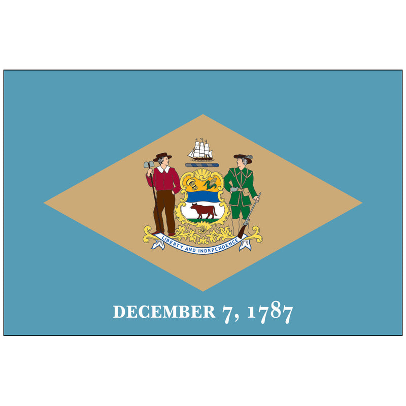 Load image into Gallery viewer, Delaware state flag featuring the state coat of arms on a buff diamond with a colonial blue background and the date “December 7, 1787” below.
