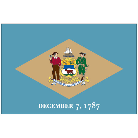Delaware state flag featuring the state coat of arms on a buff diamond with a colonial blue background and the date “December 7, 1787” below.