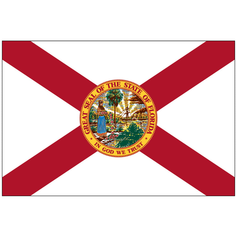 Load image into Gallery viewer, Florida state flag featuring a red diagonal cross on a white background with the state seal centered, showing a Seminole woman, palm trees, and a sunrise.
