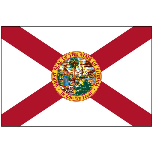Florida state flag featuring a red diagonal cross on a white background with the state seal centered, showing a Seminole woman, palm trees, and a sunrise.