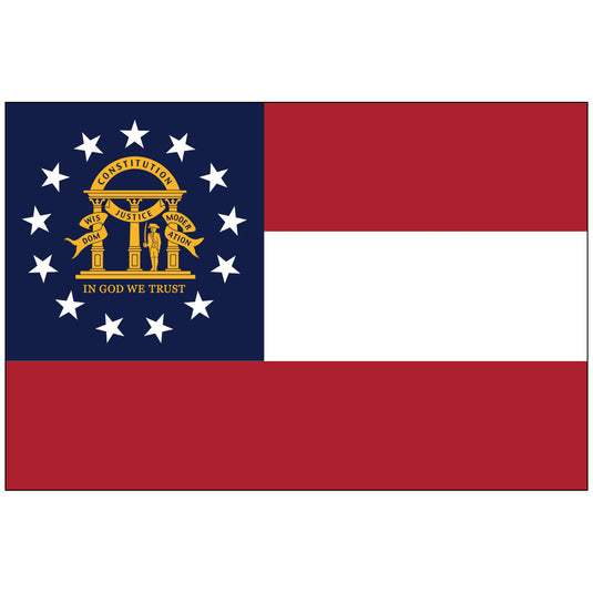 Georgia state flag featuring three horizontal red, white, and red stripes with a blue canton containing a gold arch and thirteen white stars encircling the state motto.