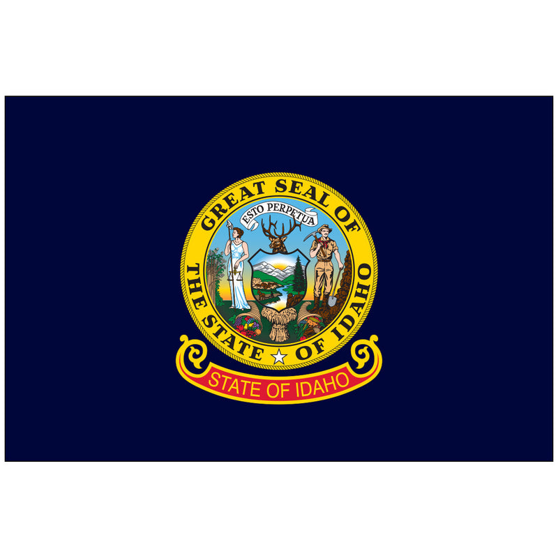 Load image into Gallery viewer, Idaho state flag featuring the Great Seal of Idaho centered on a dark blue field with a red and gold banner reading “State of Idaho” below.
