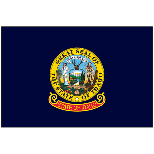 Idaho state flag featuring the Great Seal of Idaho centered on a dark blue field with a red and gold banner reading “State of Idaho” below.