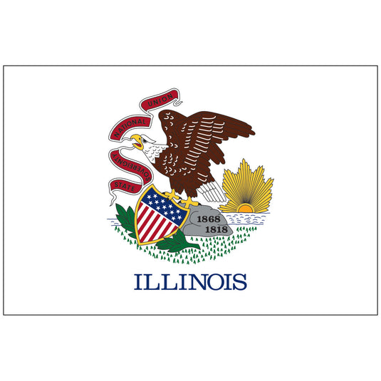 Illinois state flag featuring a bald eagle holding a red banner with the state motto above a shield, with “ILLINOIS” written below on a white background.