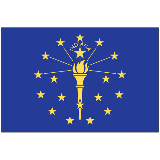 Indiana state flag with a gold torch surrounded by nineteen stars on a blue background, symbolizing liberty and enlightenment.