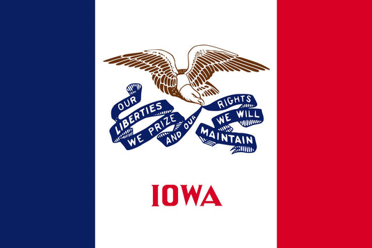 Iowa state flag with vertical blue, white, and red stripes, featuring a bald eagle holding a blue ribbon that reads “Our liberties we prize and our rights we will maintain.”