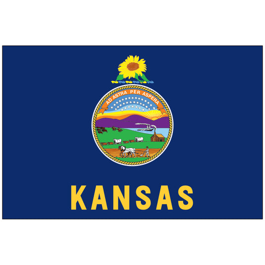 Kansas state flag featuring the state seal with a sunflower above it and “KANSAS” written in gold letters on a blue background.