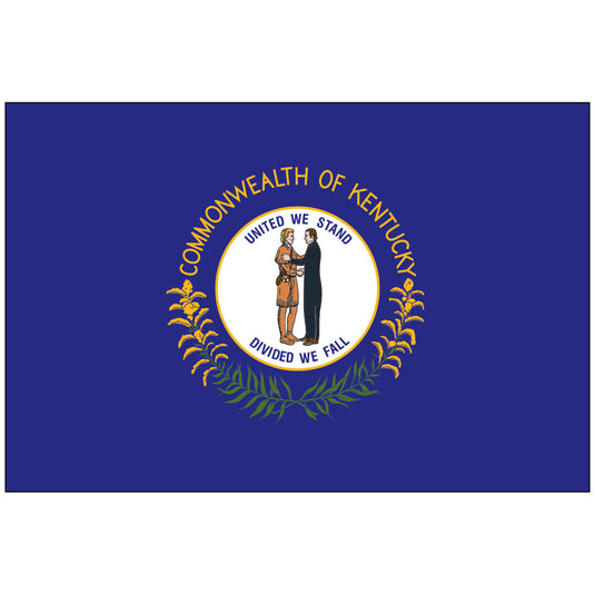 Kentucky state flag with the state seal depicting two men shaking hands surrounded by goldenrod and the motto “United We Stand, Divided We Fall” on a blue background.