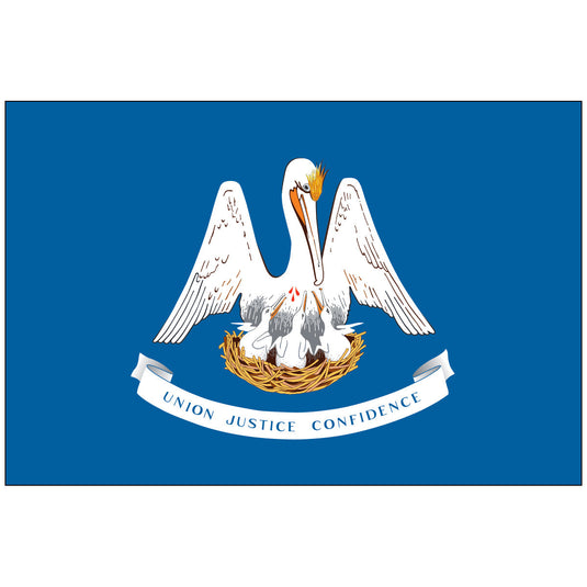 Louisiana state flag featuring a pelican feeding her chicks with her own blood above a banner reading “Union, Justice, Confidence” on a blue background.