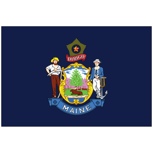 Maine state flag featuring the state coat of arms with a moose, pine tree, farmer, sailor, and a banner reading “Dirigo” and “Maine” on a dark blue background.