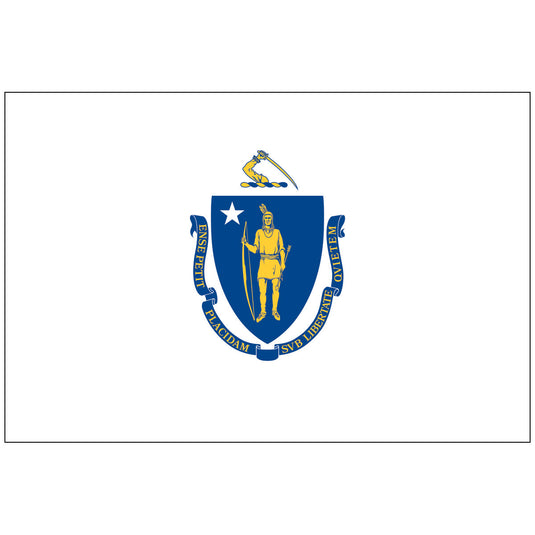 Massachusetts state flag featuring a blue shield with a Native American holding a bow and arrow beneath a white star, topped by an arm wielding a sword on a white field.