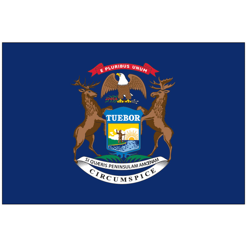 Load image into Gallery viewer, Michigan state flag featuring the state coat of arms with an eagle, elk, and moose surrounding a blue shield showing a man, lake, and rising sun with Latin mottos on a dark blue field.
