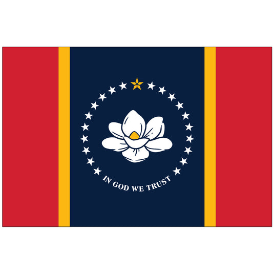Current Mississippi state flag with a white magnolia blossom centered on a navy blue field, encircled by white stars and a single gold star above, flanked by red panels with gold trim and the motto “In God We Trust.”