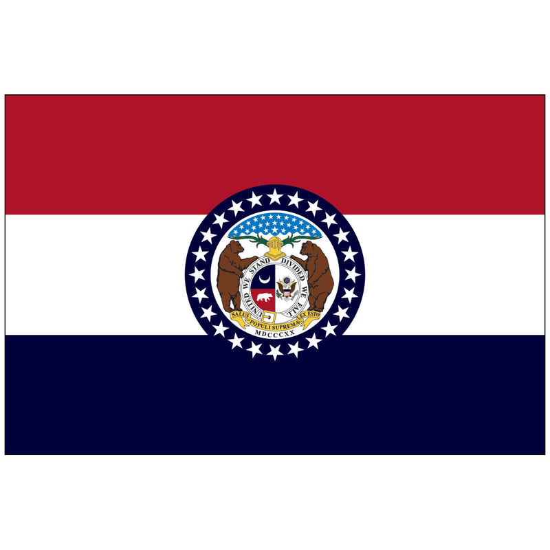 Load image into Gallery viewer, Missouri state flag with red, white, and blue horizontal stripes featuring the state seal in the center surrounded by a ring of white stars.
