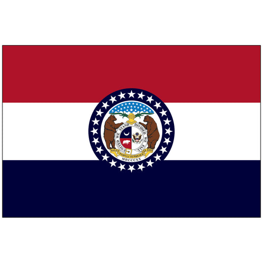 Missouri state flag with red, white, and blue horizontal stripes featuring the state seal in the center surrounded by a ring of white stars.