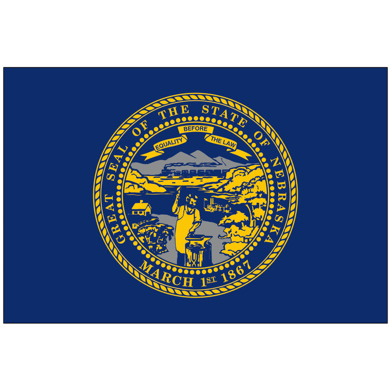 Load image into Gallery viewer, Nebraska state flag featuring the state seal in gold and blue, depicting a blacksmith, train, steamboat, and mountains with the motto “Equality Before the Law.”
