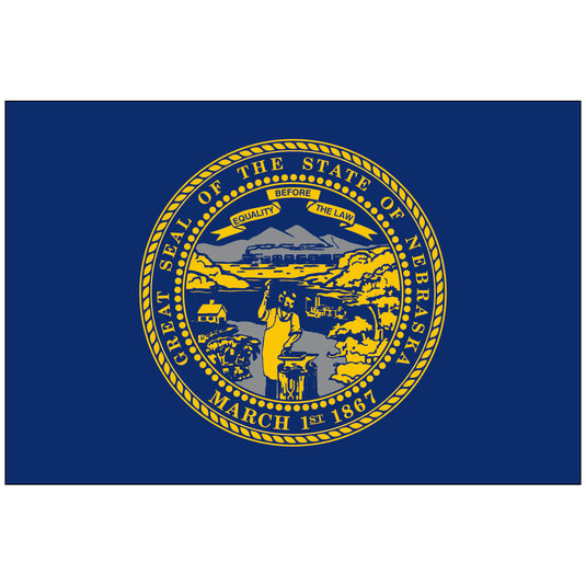 Nebraska state flag featuring the state seal in gold and blue, depicting a blacksmith, train, steamboat, and mountains with the motto “Equality Before the Law.”