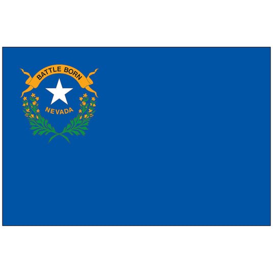 Nevada state flag with a blue field featuring a white star, sagebrush, and a gold banner reading “Battle Born” in the upper left corner.