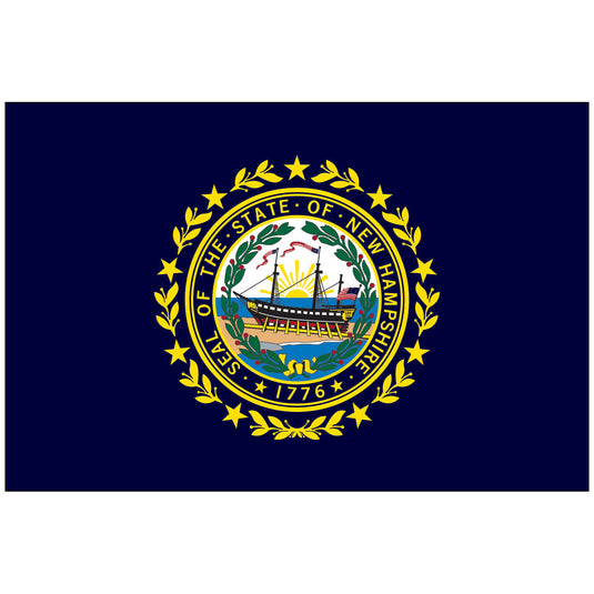 New Hampshire state flag with the state seal centered on a blue background, featuring the ship Raleigh surrounded by laurel leaves and stars with the year 1776.
