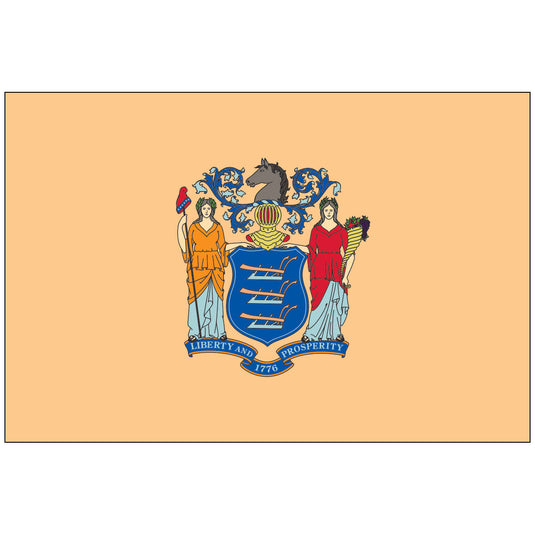 New Jersey state flag with a buff background featuring the state coat of arms—two female figures flanking a blue shield, topped by a horse’s head crest and banner reading “Liberty and Prosperity 1776.”